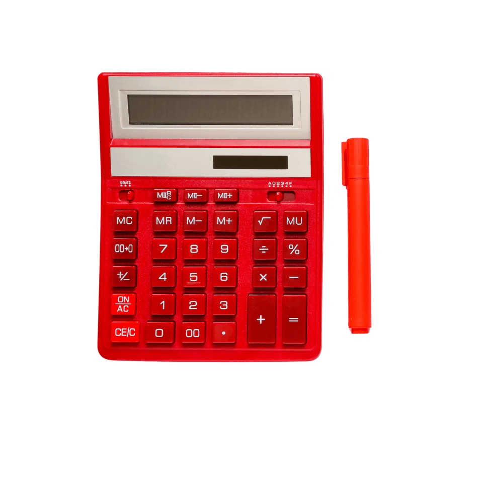 Bright red calculator with dual display screens and red stylus pen on white background.