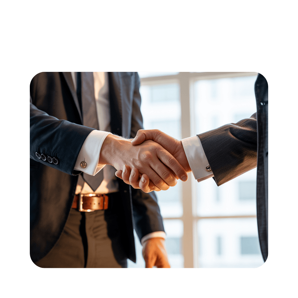 Two business professionals in dark suits shaking hands in a bright office with windows in the background.