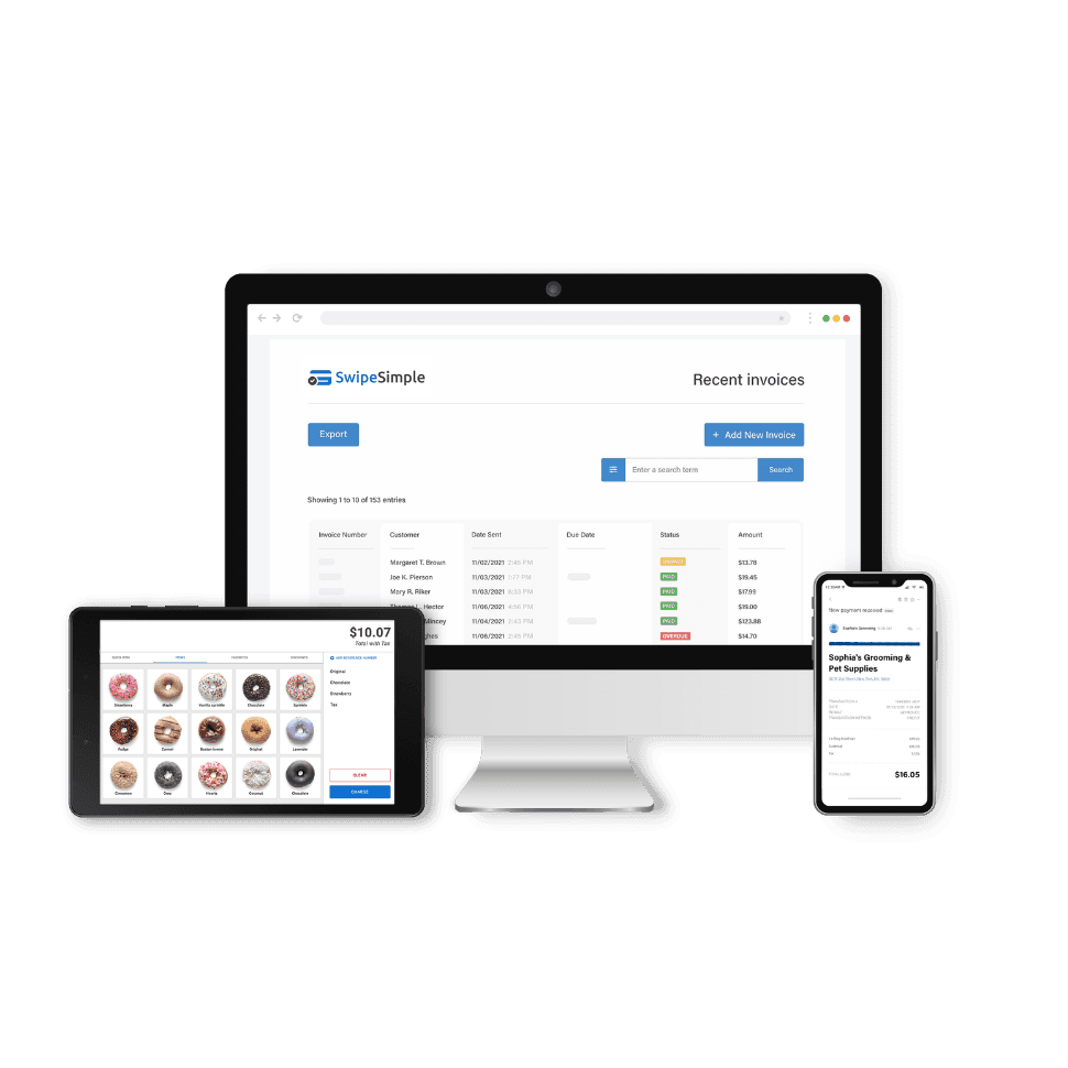 SwipeSimple payment processing system displayed on laptop, tablet, and smartphone showing invoices, product menu, and transaction details.